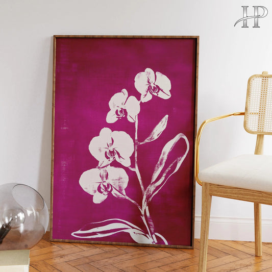 Magenta Orchid Print, Bold Botanical Wall Art, Pink Flower Poster, Black Flower Art, Modern Floral Decor, Textured Nature Print