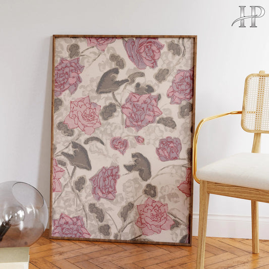 Vintage Rose Pattern Print, Pink Floral Wall Art, Botanical Poster, Muted Rose Decor, Antique Textile Style Art, Matisse Print