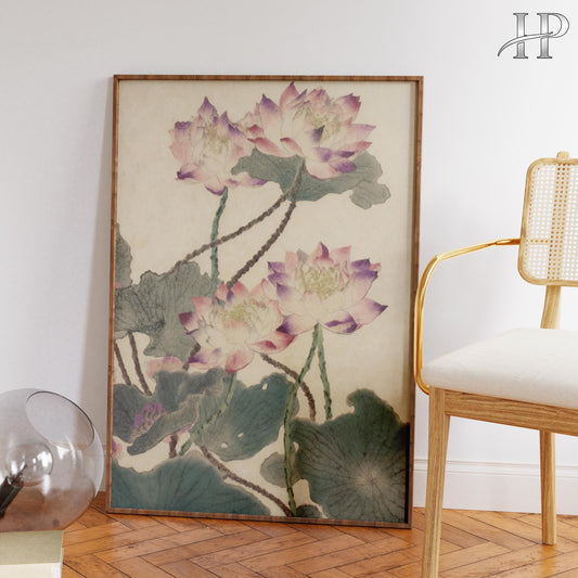 Lotus Flower Print, Vintage Botanical Wall Art, Pink Lotus Poster, Watercolor Floral Illustration, Zen Nature Print, Asian Wall Art
