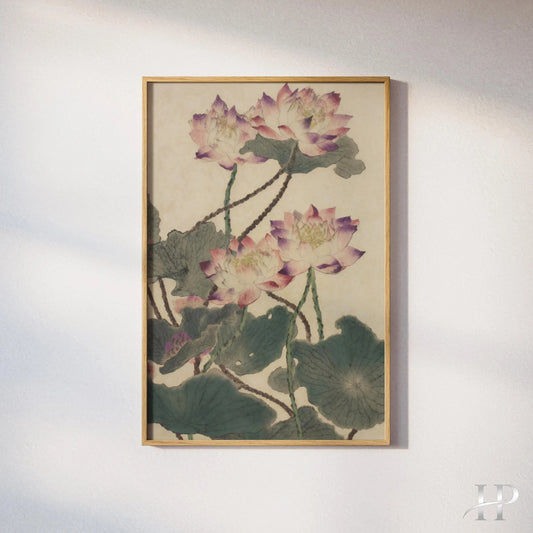 Lotus Flower Print, Vintage Botanical Wall Art, Pink Lotus Poster, Watercolor Floral Illustration, Zen Nature Print, Asian Wall Art